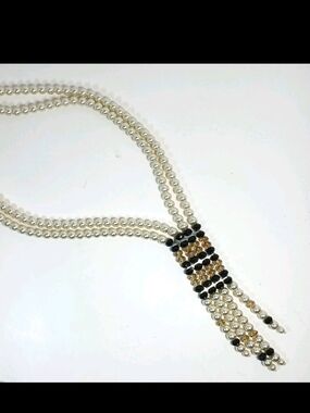 Elegant Kissaka Faux Pearl and Black Bead Fringe Necklace - Cream and Black